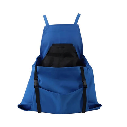 Durable harvesting apron with drop-release pouch